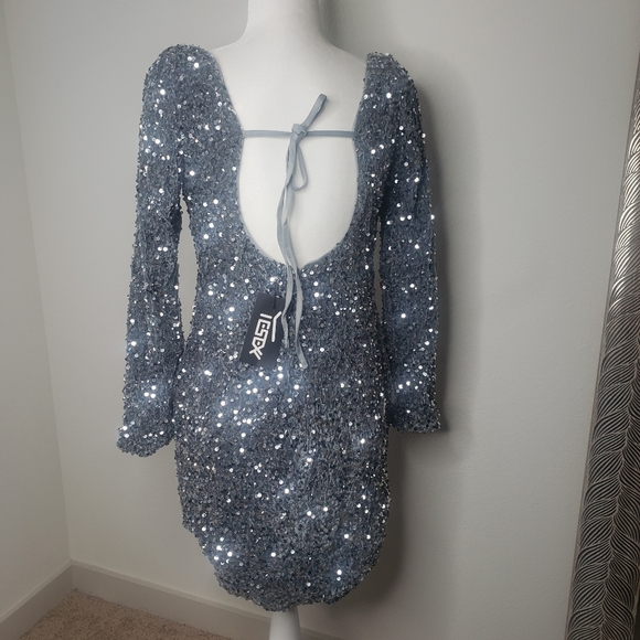 LONG SLEEVE OPEN BACK DRESS SEQUIN GREY/SILVER - Picture 10 of 11